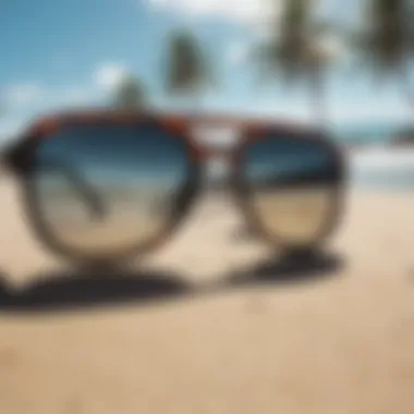 Diverse array of sunglasses displayed on a beach setting