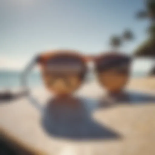 Stylish sunglasses resting on a surfboard