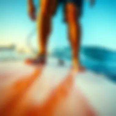 Ready to Ride: The Thrill of Surfing Awaits Close-up of a surfer's feet on the board, ready to ride