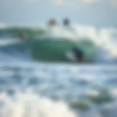 Ocean's Embrace: The Dance of Waves and Surfers Waves crashing at the shore with surfers in the distance