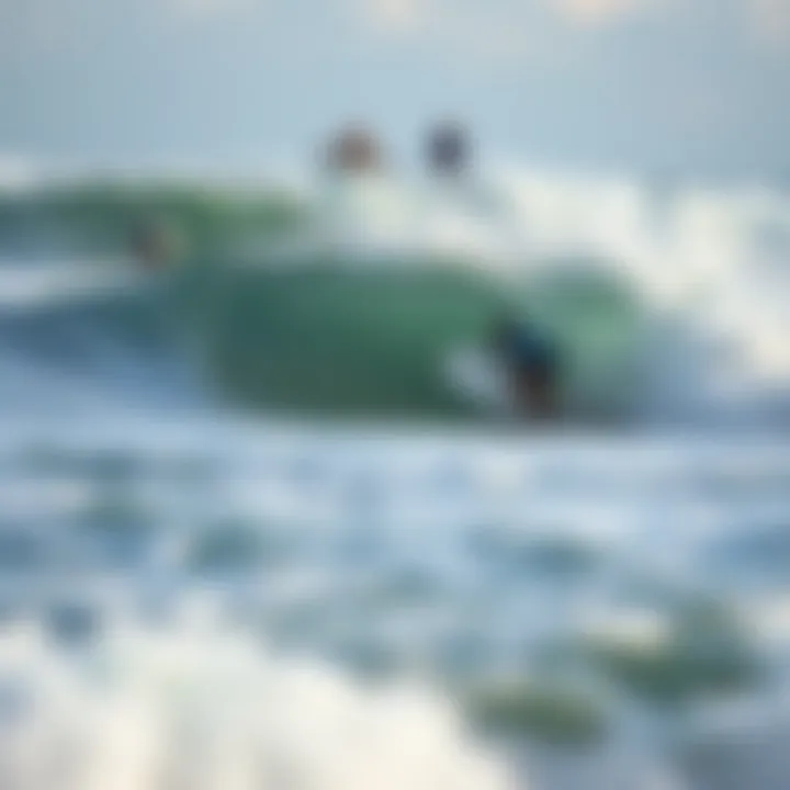Ocean's Embrace: The Dance of Waves and Surfers Waves crashing at the shore with surfers in the distance