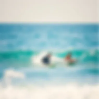 An ocean view highlighting beginner surfers enjoying the waves