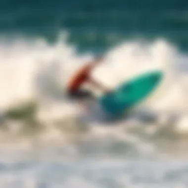 Rider in Action with Custom Skimboard Action shot of a rider on a custom skimboard in the waves