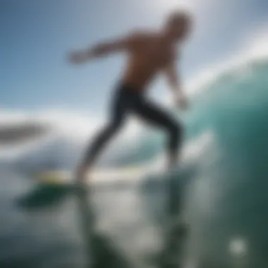 Surfer utilizing swim fins in action