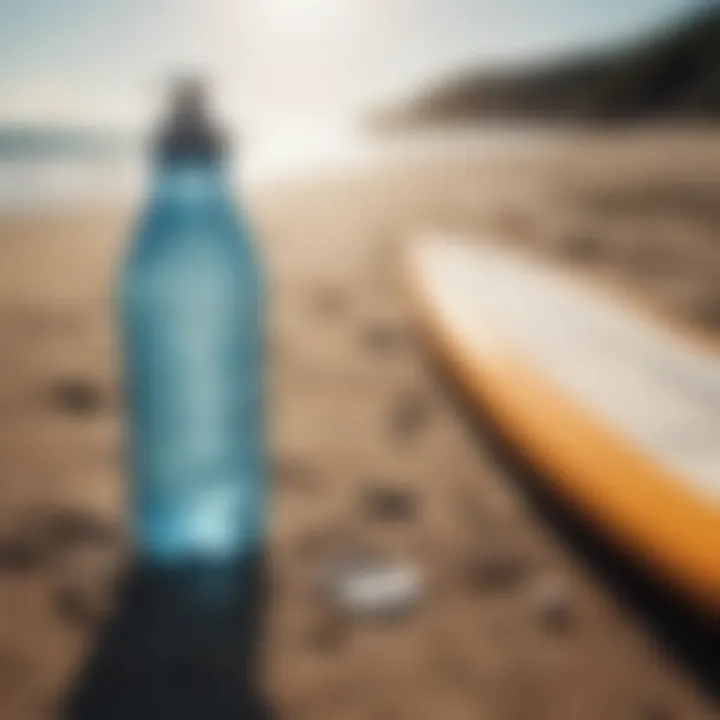 Close-up of water bottle and surfboard on the beach