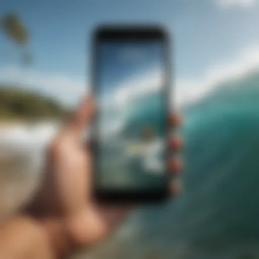 Surfing enthusiast checking wind app on a smartphone