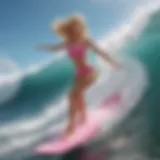 Dynamic pose of Barbie surfing on a vibrant wave