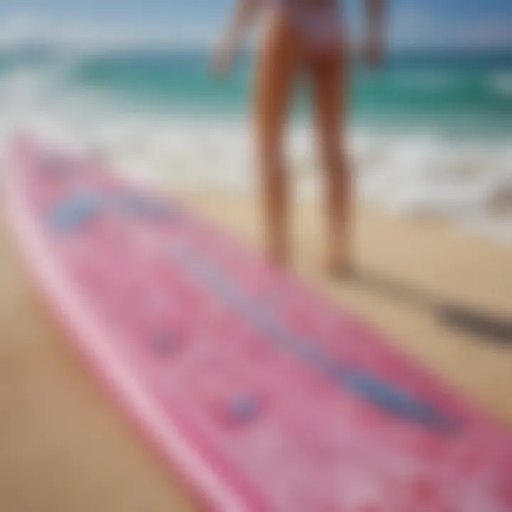 Close-up of a Barbie surfboard with intricate designs