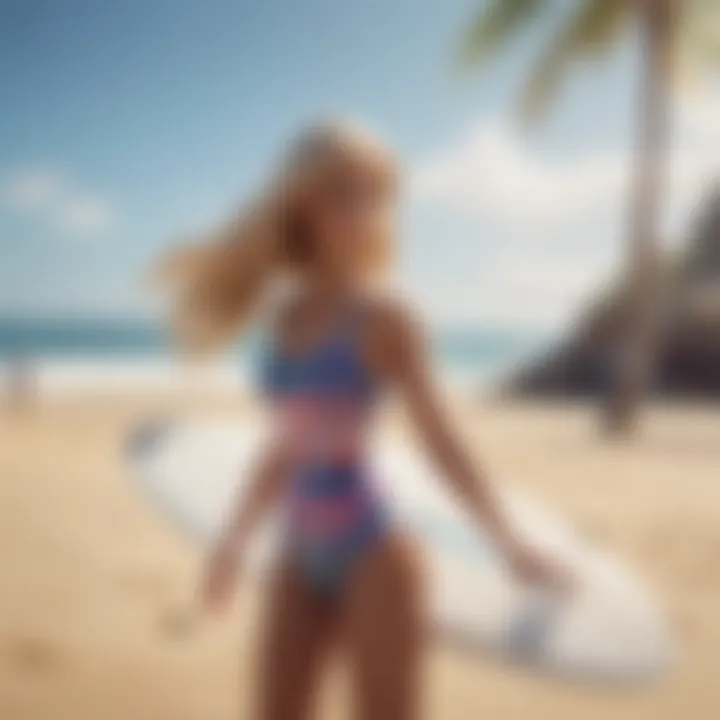 Barbie interacting with young surfers in a beach setting