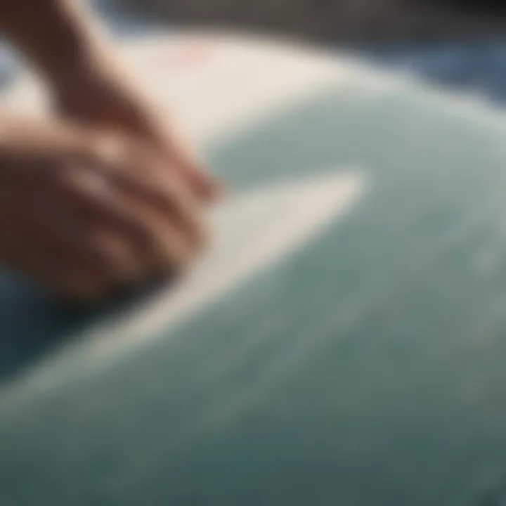 Detailed view of wax application on a surfboard