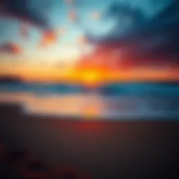 Vibrant sunset over the ocean reflecting on the sandy shore