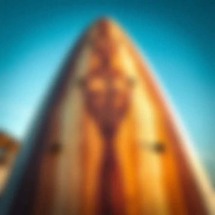 Close-up view of beater surfboard's unique design and materials