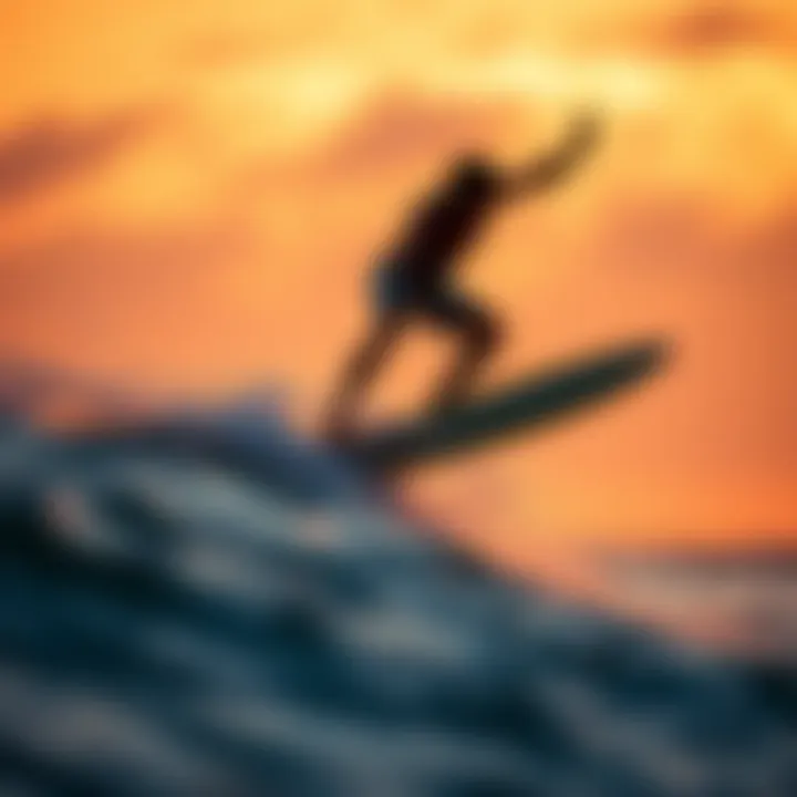 Surfer performing tricks on a beater surfboard at sunset