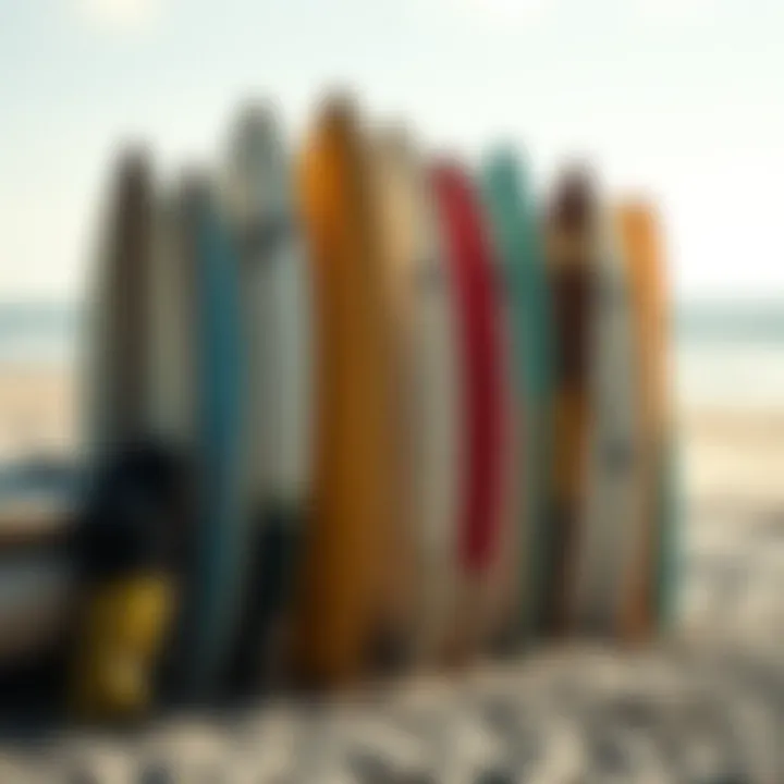 A collection of beater surfboards lined up on the beach
