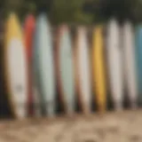 Variety of beginner surfboards lined up on the beach