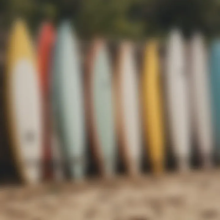 Variety of beginner surfboards lined up on the beach