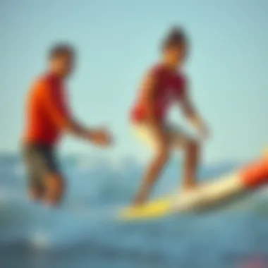 Expert Guidance for Aspiring Surfers A professional instructor guiding a student on a surfboard