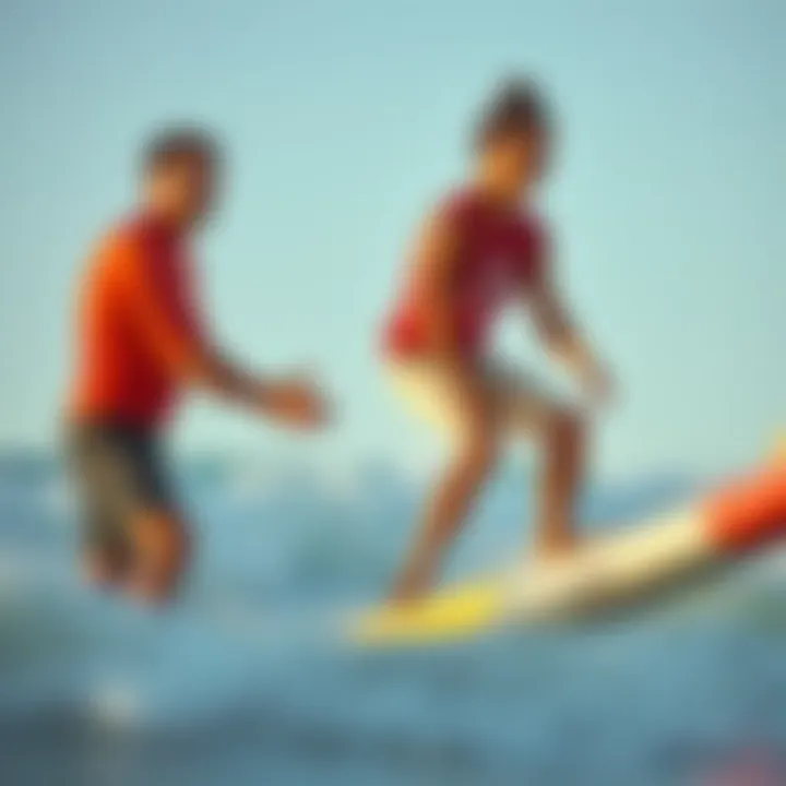Expert Guidance for Aspiring Surfers A professional instructor guiding a student on a surfboard