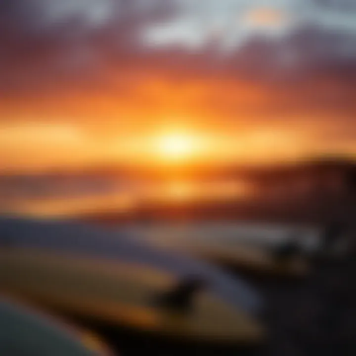 Breathtaking Sunset at Santa Monica Beach Beautiful sunset over Santa Monica beach with surfboards on the sand