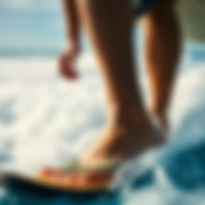 Comfort in the Ocean Surfer enjoying the ocean while wearing durable flip flops, illustrating the integration of comfort and performance.