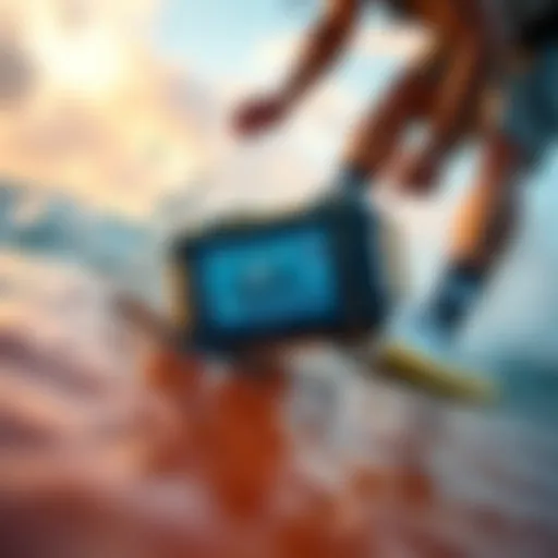 Illustration showcasing a waterproof MP3 player in a surf environment