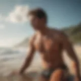 Surfer practicing deep breathing exercises on the beach