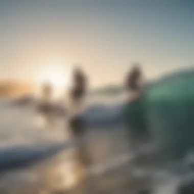 Group of surfers engaging in physical training by the ocean