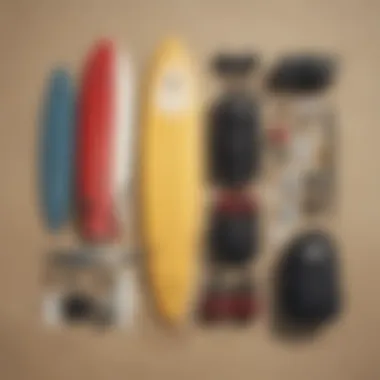 Essential surfing gear laid out on the beach before hitting the waves