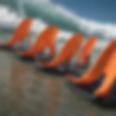 Close-up of bodyboarding fins emphasizing their shape and technology.