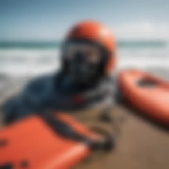 Protective gear for bodyboarders, including helmets and rash guards laid out for view.