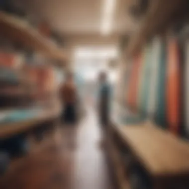 A surfer browsing surfboards at a local shop