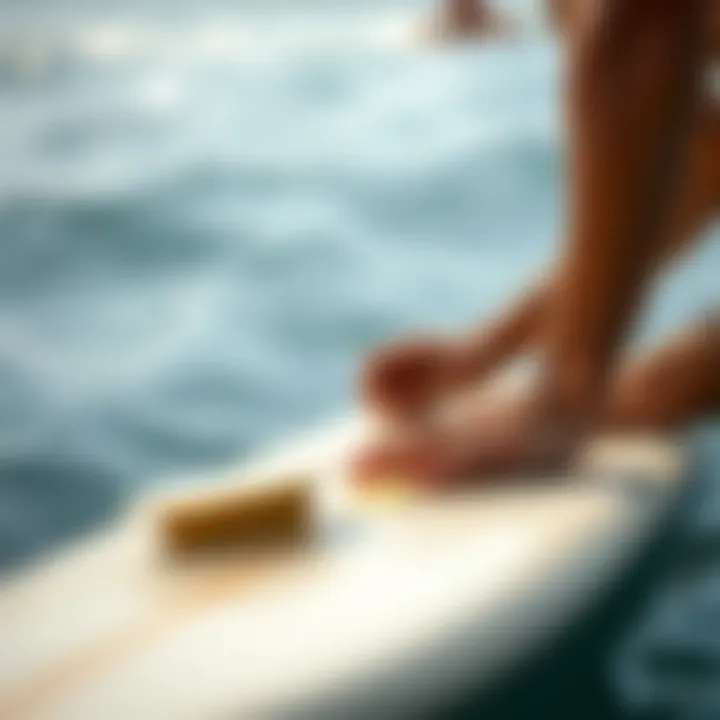 Enhancing grip with surfboard wax application Surfer applying wax to surfboard for better grip