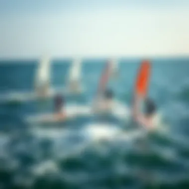 Sail Board Enthusiasts in Action An aerial shot capturing multiple sail board enthusiasts in action on the water.