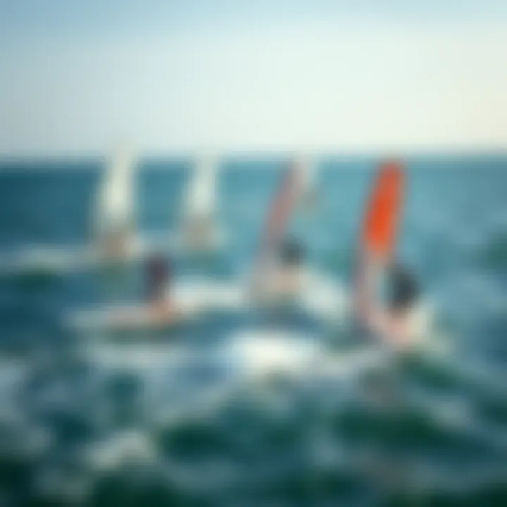 Sail Board Enthusiasts in Action An aerial shot capturing multiple sail board enthusiasts in action on the water.