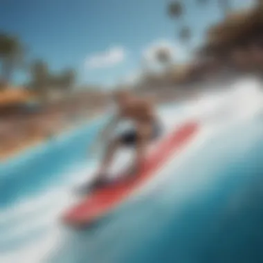 Dynamic Flowrider action at a bustling water park