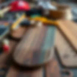 A selection of various skate deck materials laid out for crafting.