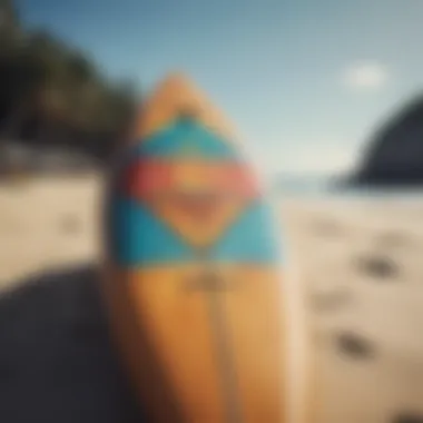 Customized surfboard displayed as a centerpiece in a beach-themed lounge