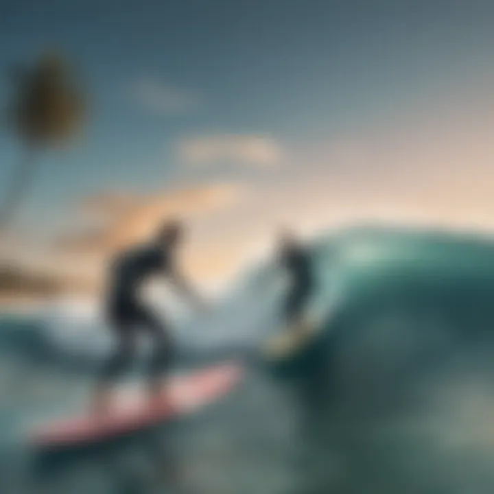 Surfing instructor guiding a student in the ocean