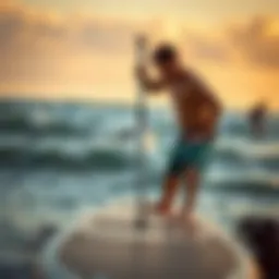 A paddleboard enthusiast measuring paddle length