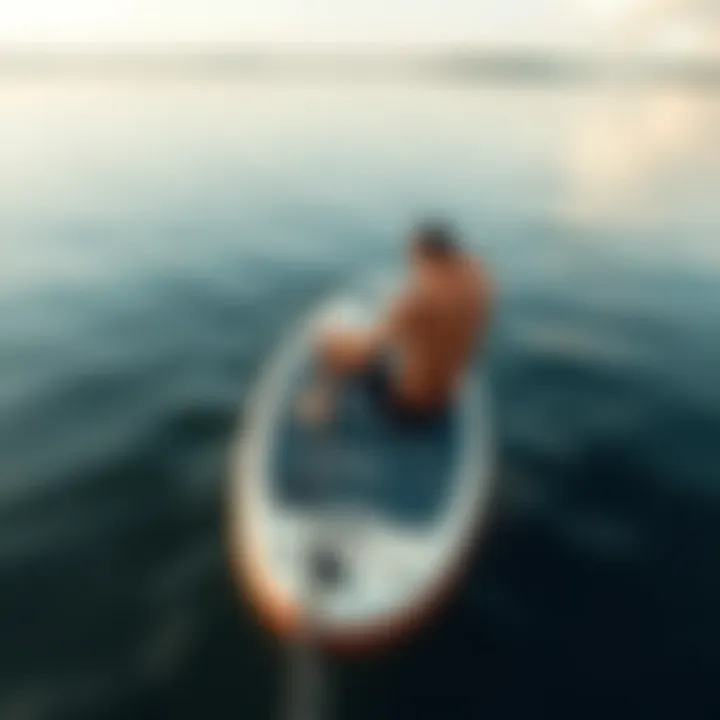 Testing Paddle Board Floatation An individual testing the floatation of a paddle board in a calm lake