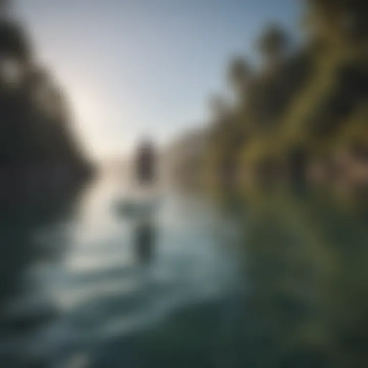 A beginner paddle boarder enjoying calm waters