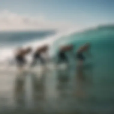 A group of surfers engaging in a stretching routine