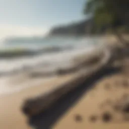A serene beach landscape with driftwood scattered along the shoreline