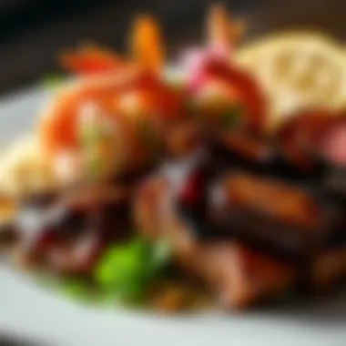 Artistic Presentation of Surf and Turf Artfully arranged surf and turf dish including shrimp and steak