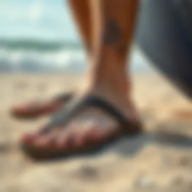 Stylish Surfer Flip Flops on Sandy Beach Stylish surfer flip flops on sandy beach