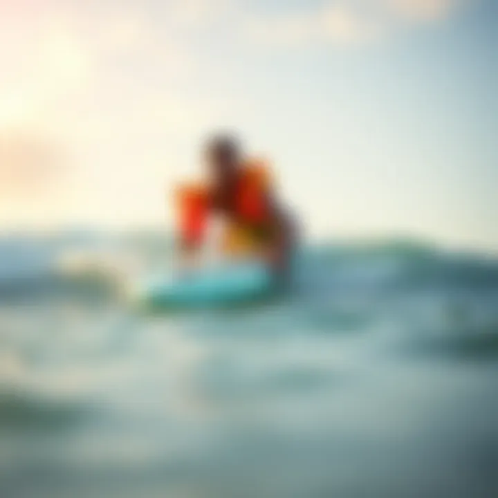 Beginner Surfer with Soft-Top Board A beginner surfer using a soft-top surfboard with colorful floaties