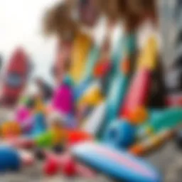 A vibrant collection of surf toys displayed on a beach