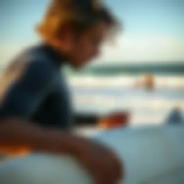 Surfer analyzing surf report on the beach
