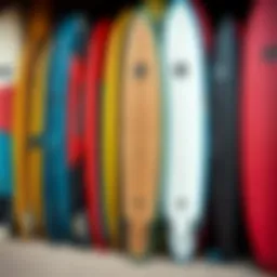 A vibrant surfboard collection showcasing diverse designs and colors