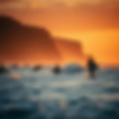 Surfers Embracing the Ocean An iconic coastline with surfers catching waves at sunset